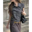 Áo sơ mi ngắn tay kẻ caro kiểu Sanwild mùa hè có dây rút tôn dáng trẻ trung | Khao Boutique