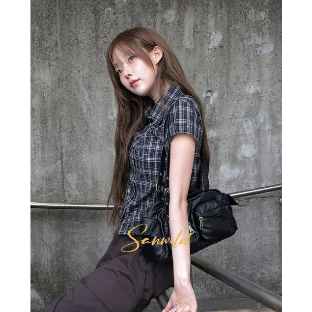 [KH50] Áo sơ mi ngắn tay kẻ caro kiểu Sanwild mùa hè có dây rút tôn dáng trẻ trung | Khao Boutique