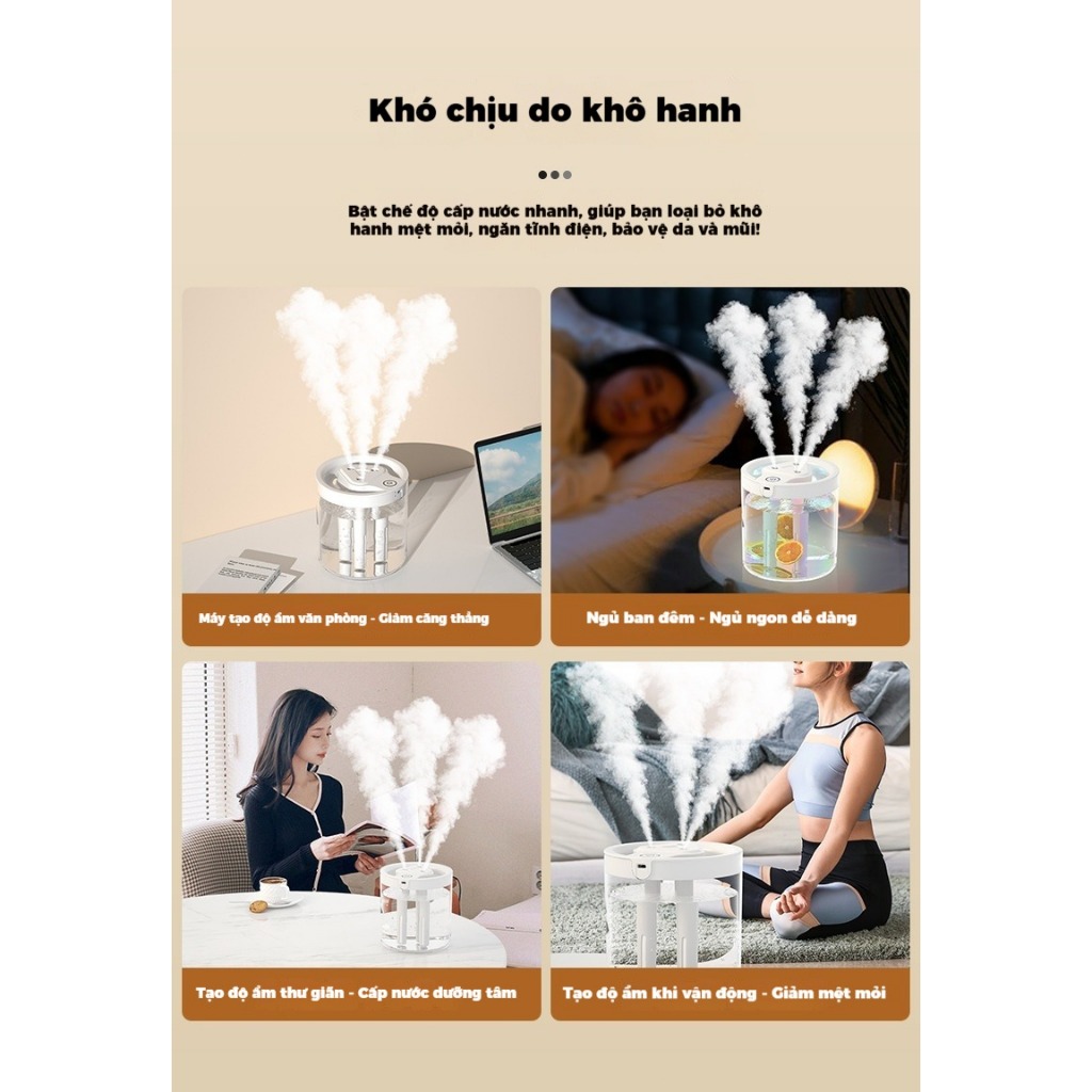 Máy Xông Tinh Dầu Máy Tạo Độ Ẩm Phun Sương Mini 3 Tia 1.5L Siêu Êm USB 5V Để Bàn Gia Đình