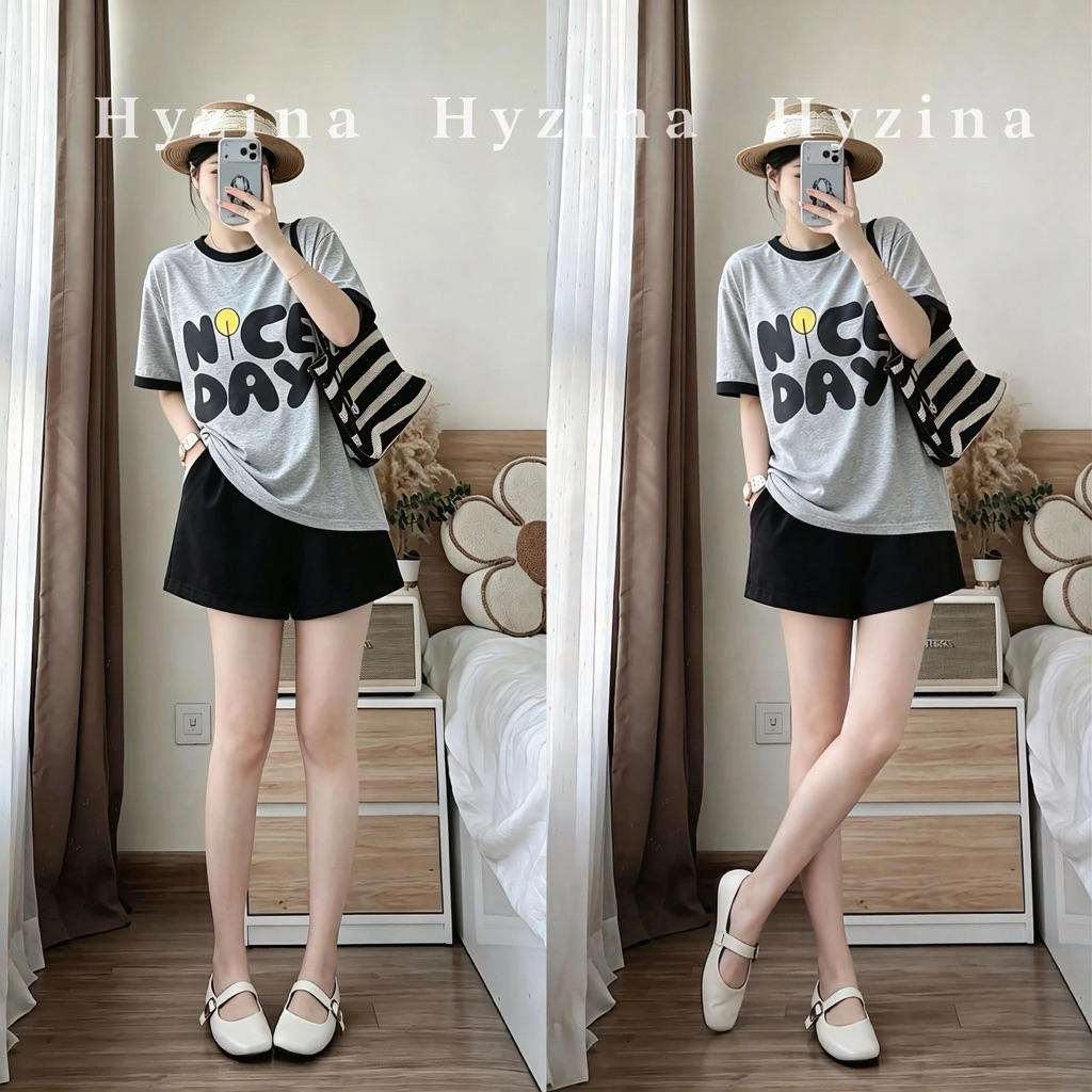 Set Đồ Nữ Hyzina, Hoạ Tiết Chữ NICE DAY, Chất Liệu Cotton Mịn Chất Mát, Co Dãn, Phù Hợp Mùa Hè Thoáng Mát