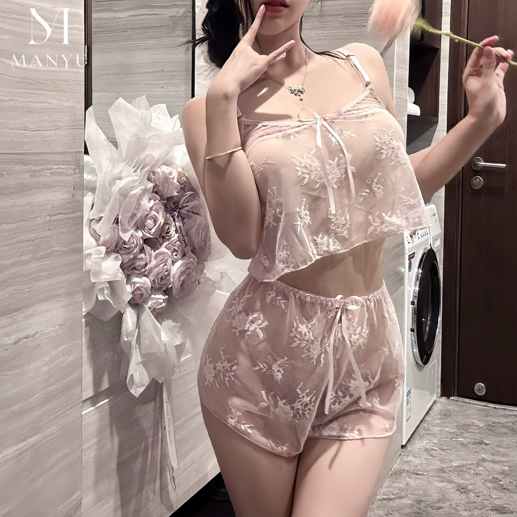 Bộ Đồ Ngủ Hai Dây Phối Ren Xuyên Thấu Quyến Rũ Set Váy Ngủ Kèm Quần Short Gợi Cảm Cao Cấp