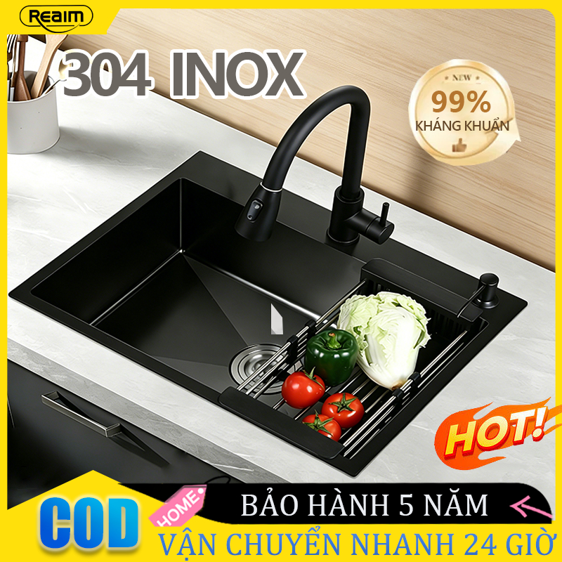 chậu rửa bát 1 hố inox 304 chính hãng cỡ lớn bồn rửa chén 50*45cm 75*45cm Bảo hành 2 nă cỡ nhỏ Full Phụ KiệnLớp phủ nano