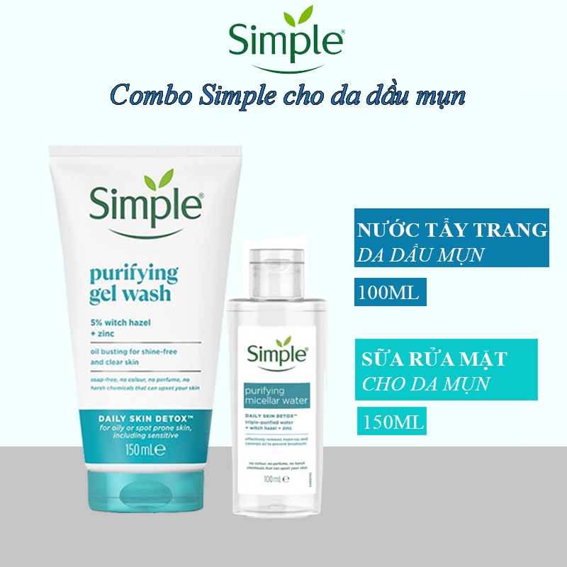 Combo Simple da mụn sữa rửa mặt 150ml + Nước tẩy trang 100ml Purifying Micellar Water xanh dương