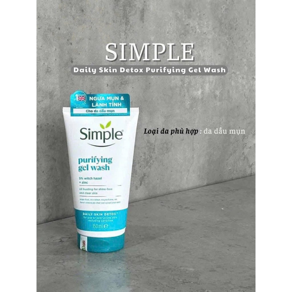 Combo Simple da mụn sữa rửa mặt 150ml + Nước tẩy trang 100ml Purifying Micellar Water xanh dương