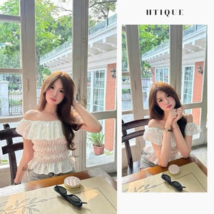 HTIQUE - DEAL ra mắt Áo trễ vai nhún tầng tiểu thư, Áo trễ vai trễ vai nhún phối ren trắng nhẹ nhàng AT11