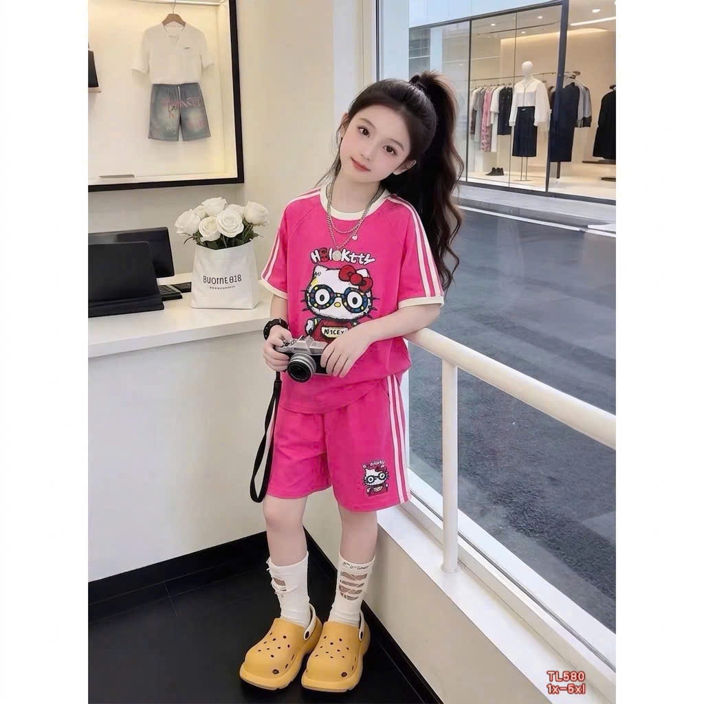 Sét Bộ Cộc Tay Kitty Phối Kẻ Dành Cho Bé Gái 9-42kg Chất Cotton 4 Chiều