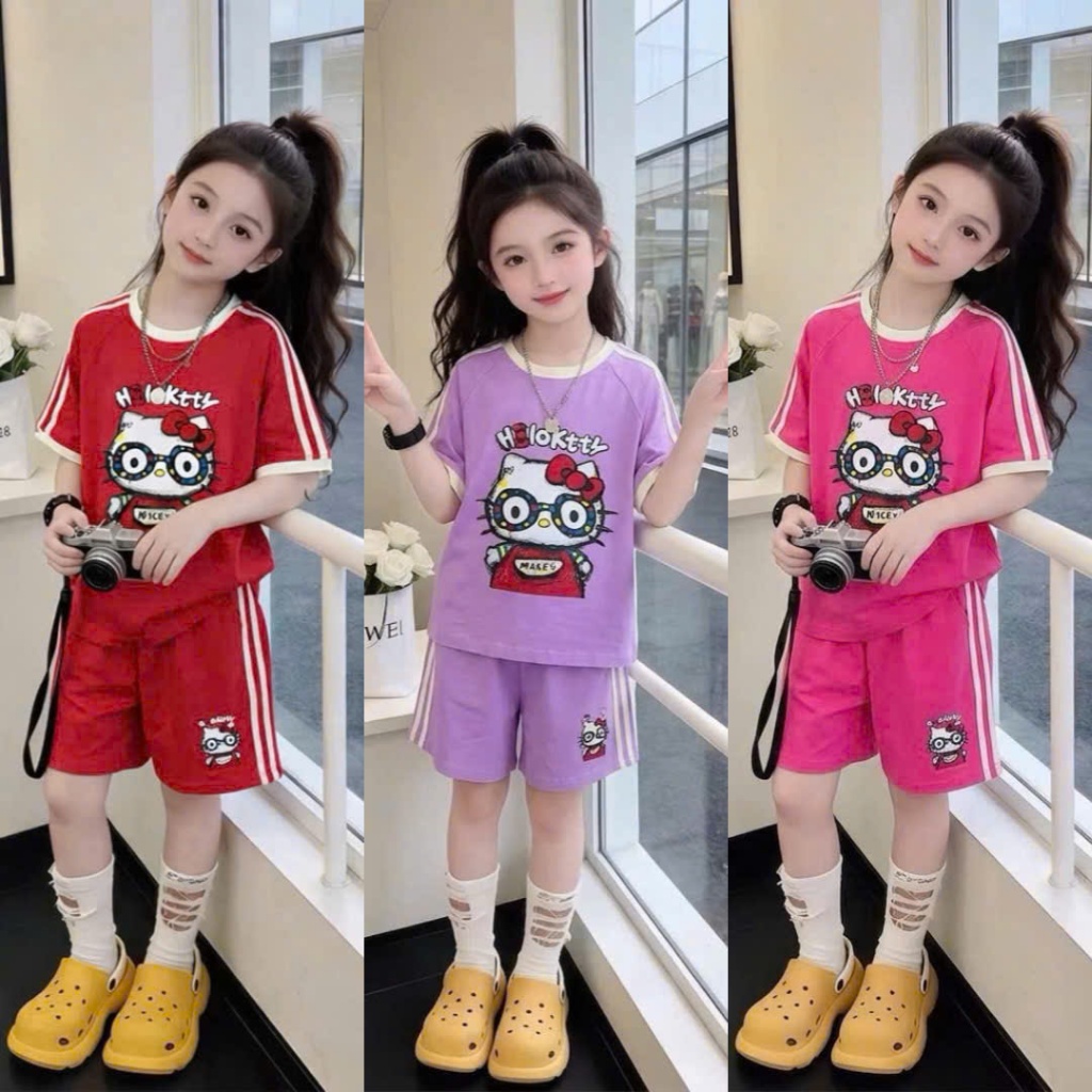 Sét Bộ Cộc Tay Kitty Phối Kẻ Dành Cho Bé Gái 9-42kg Chất Cotton 4 Chiều