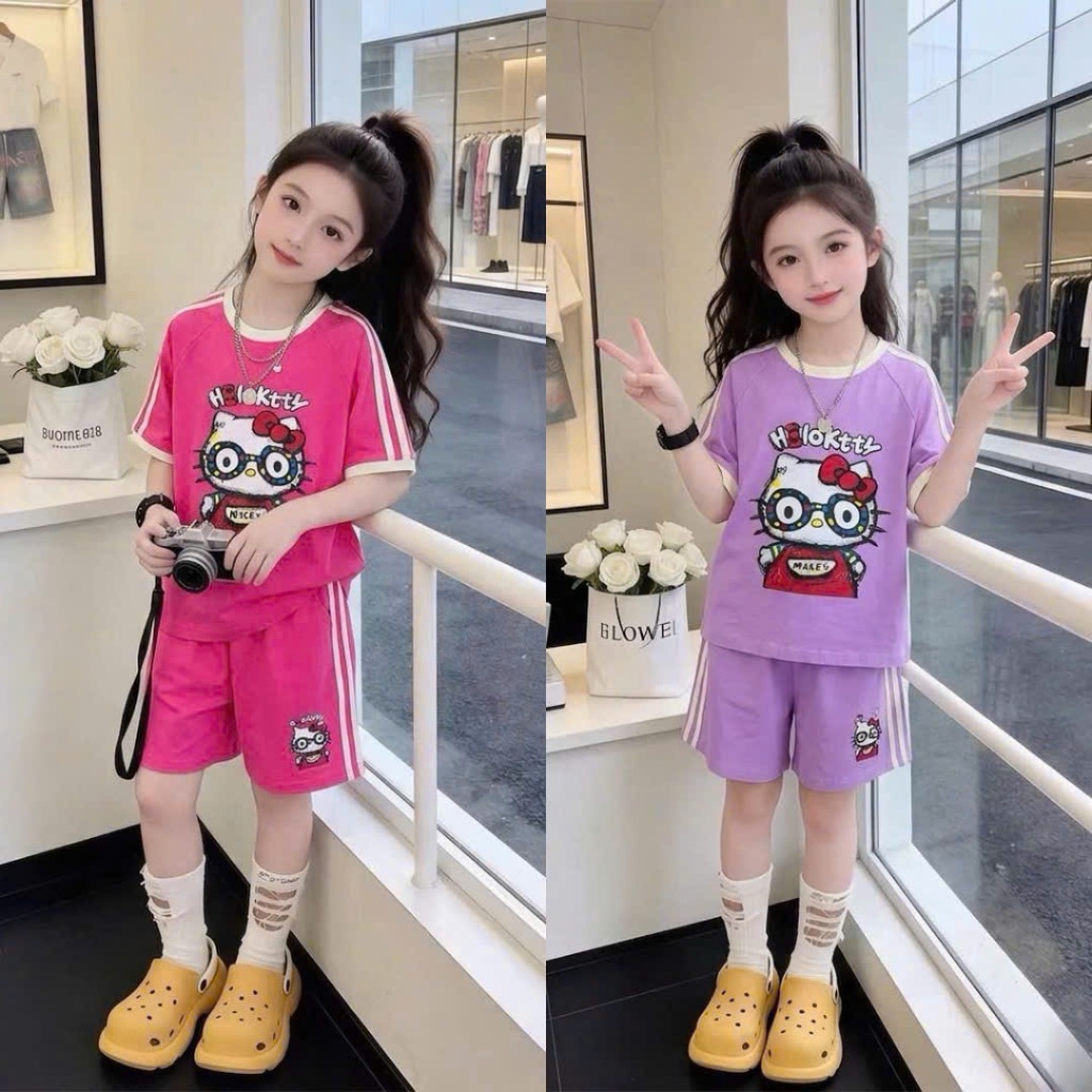 Sét Bộ Cộc Tay Kitty Phối Kẻ Dành Cho Bé Gái 9-42kg Chất Cotton 4 Chiều