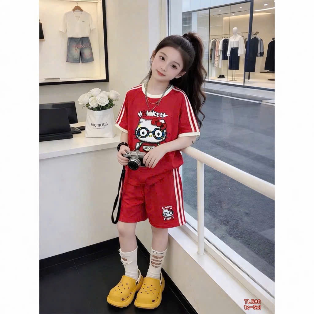 Sét Bộ Cộc Tay Kitty Phối Kẻ Dành Cho Bé Gái 9-42kg Chất Cotton 4 Chiều