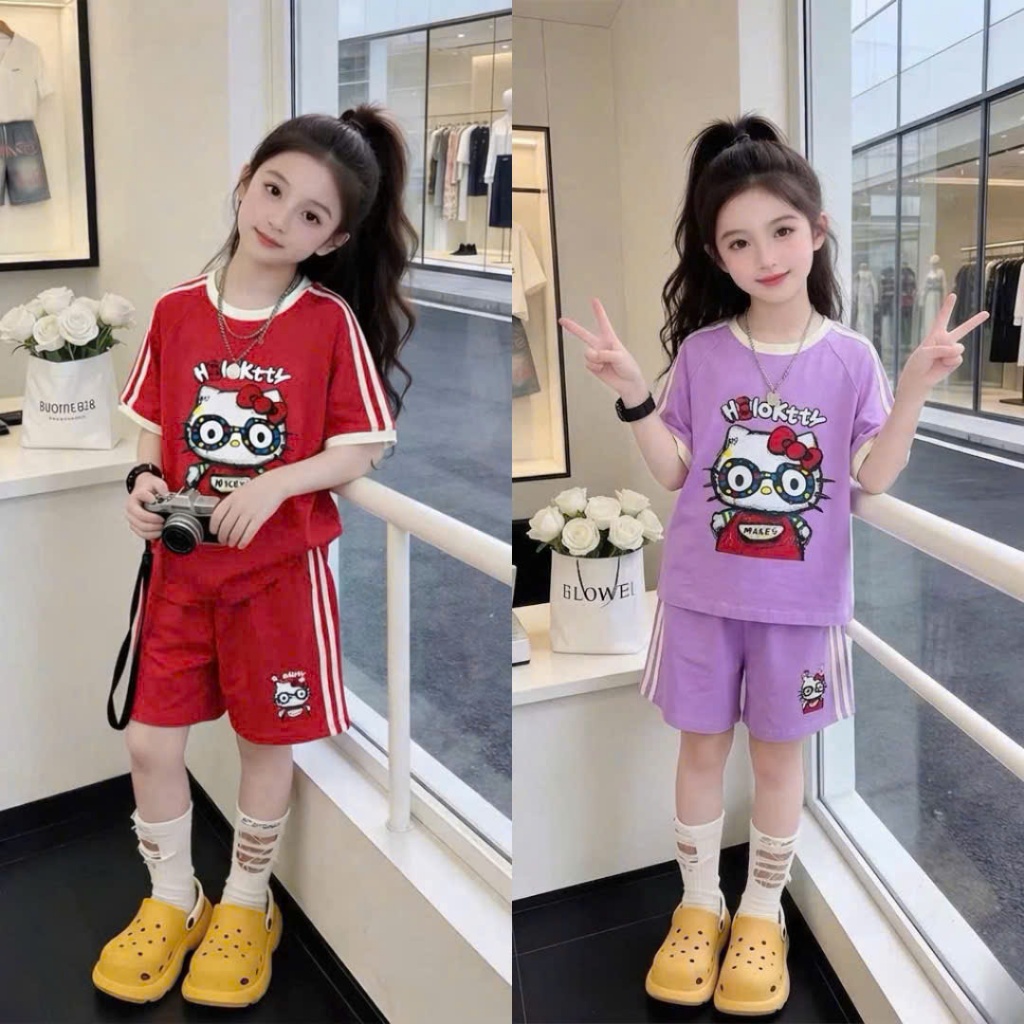 Sét Bộ Cộc Tay Kitty Phối Kẻ Dành Cho Bé Gái 9-42kg Chất Cotton 4 Chiều
