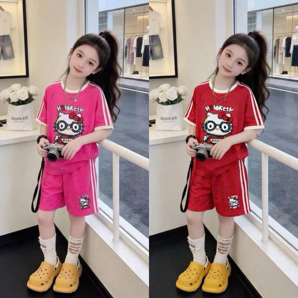 Sét Bộ Cộc Tay Kitty Phối Kẻ Dành Cho Bé Gái 9-42kg Chất Cotton 4 Chiều