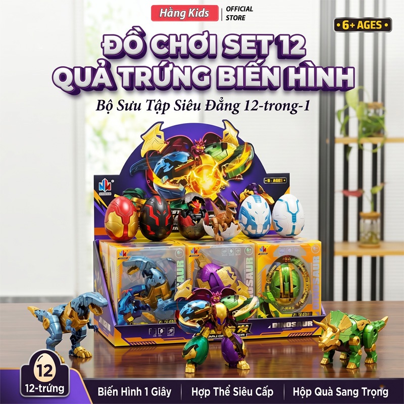 Đồ Chơi Set 12 Quả Trứng Biến Hình, Mô Hình Robot Khủng Long Lắp Ráp