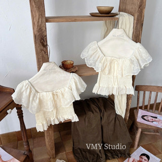 VMY Studio - Áo trễ vai babydoll cổ ren bèo mix dây nơ trẻ trung, áo thun phối nơ from ôm QCCC nữ