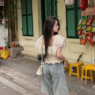 VMY Studio - Áo trễ vai babydoll cổ ren bèo mix dây nơ trẻ trung, áo thun phối nơ from ôm QCCC nữ