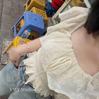 VMY Studio - Áo trễ vai babydoll cổ ren bèo mix dây nơ trẻ trung, áo thun phối nơ from ôm QCCC nữ