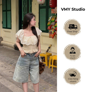 VMY Studio - Áo trễ vai babydoll cổ ren bèo mix dây nơ trẻ trung, áo thun phối nơ from ôm QCCC nữ