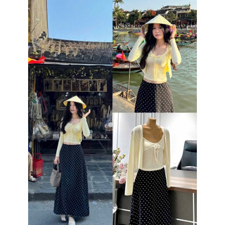 SEP House - Set 3 món áo khoác cardigan tay dài phối áo hai dây cột nơ kèm chân váy dài chấm bi đen trendy - Ảnh thật