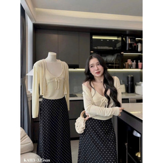 SEP House - Set 3 món áo khoác cardigan tay dài phối áo hai dây cột nơ kèm chân váy dài chấm bi đen trendy - Ảnh thật