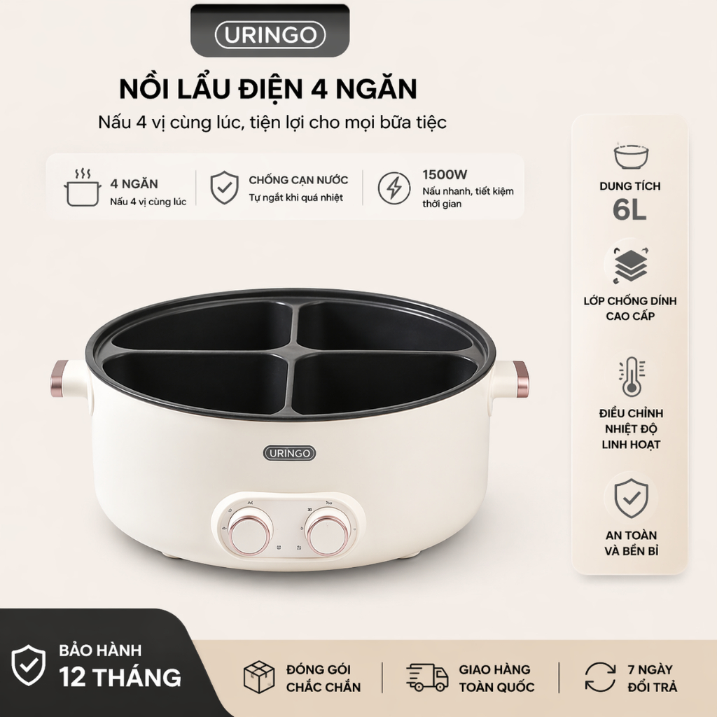 Nồi Lẩu Điện 4 Ngăn 6L 2000W 2 Núm Nhiệt Độc Lập Không Lẫn Vị Cho Gia Đình 4-8 Người
