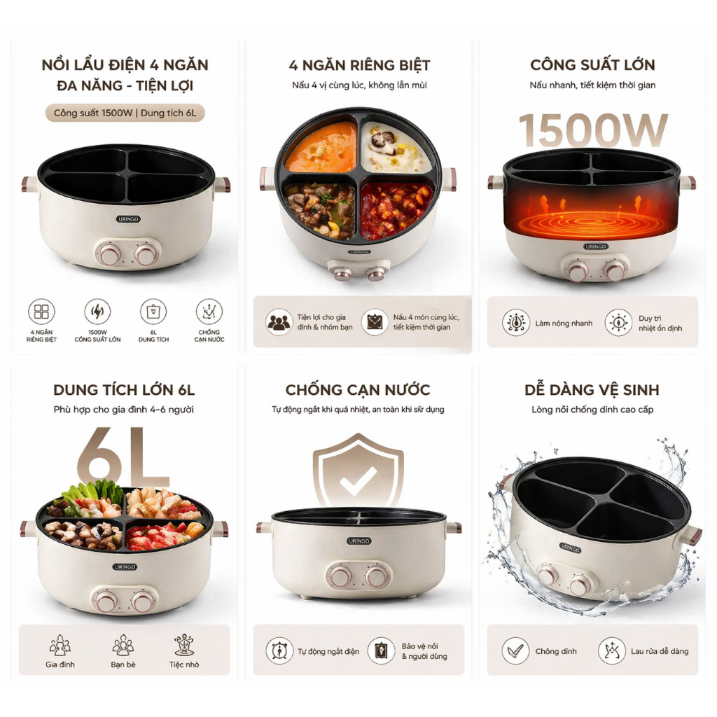 Nồi Lẩu Điện 4 Ngăn 6L 2000W 2 Núm Nhiệt Độc Lập Không Lẫn Vị Cho Gia Đình 4-8 Người