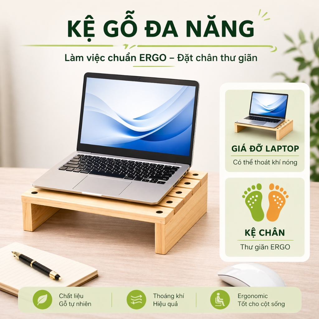 ( ComBo Giá Rẻ ) – Ghế Gỗ Kê Chân Văn Phòng & Laptop- Vòm Decor-Hỗ Trợ Tư Thế Ngồi chuẩn ERGO - Kèm Kẹp Dây Cáp Gọn Gàng