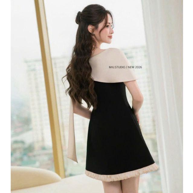 Đầm nữ lệch vai dáng ngắn phối vạt tơ khâu đá cao cấp , Váy thiết kế dáng A tiểu thư phối viền bèo thanh lịch sang chảnh