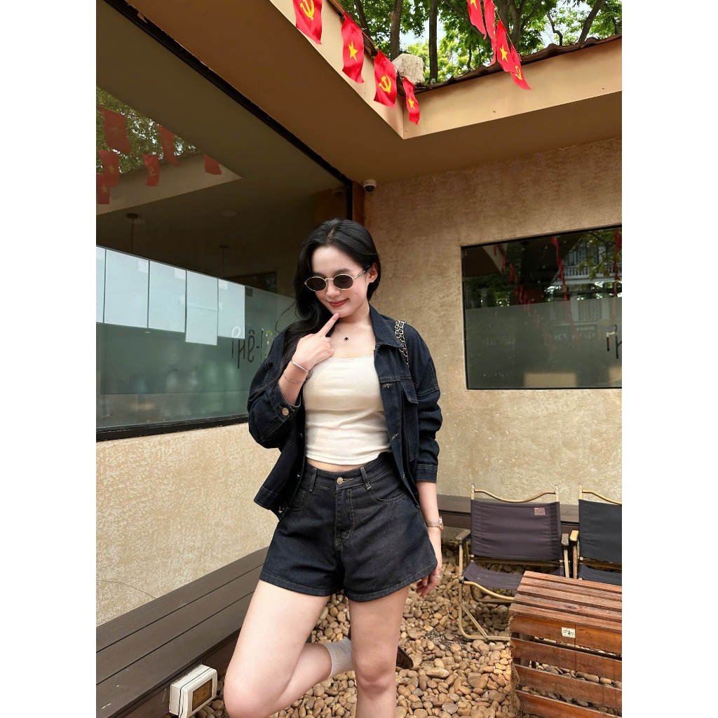 Quần Short Jeans Chỉ Nổi Màu Xanh Than Basic Cá Tính Lưng Cao Basic Joolate