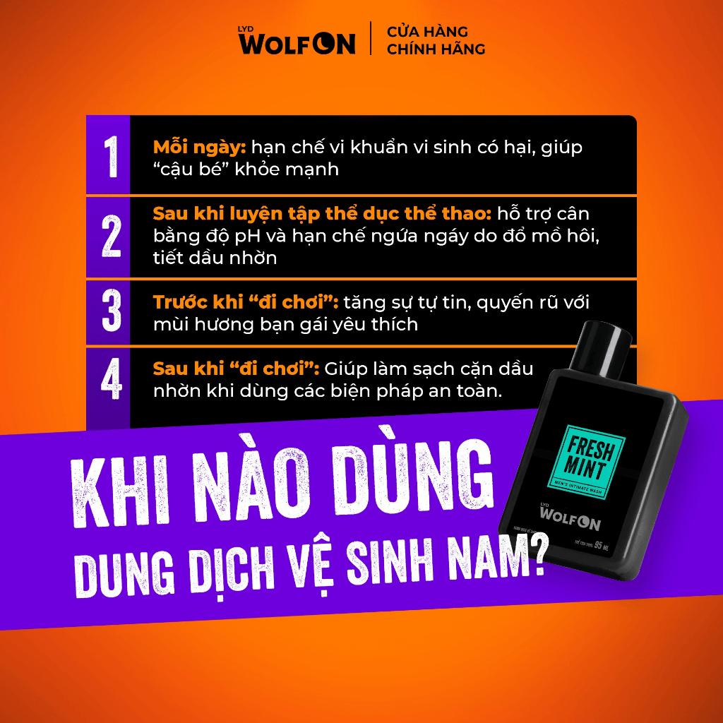 Dung Dịch Vệ Sinh Nam Giới LYD Wolf ON Fresh Mint Bạc Hà Mát Lạnh Sạch Thơm Nam Tính 95ml 150ml