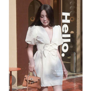 Đầm thô mềm tay bồng cổ V phối nơ tiểu thư sang chảnh, Váy tk dáng ngắn from xoè bồng tôn dáng- 3màu mặc đi chơi,đi cafe