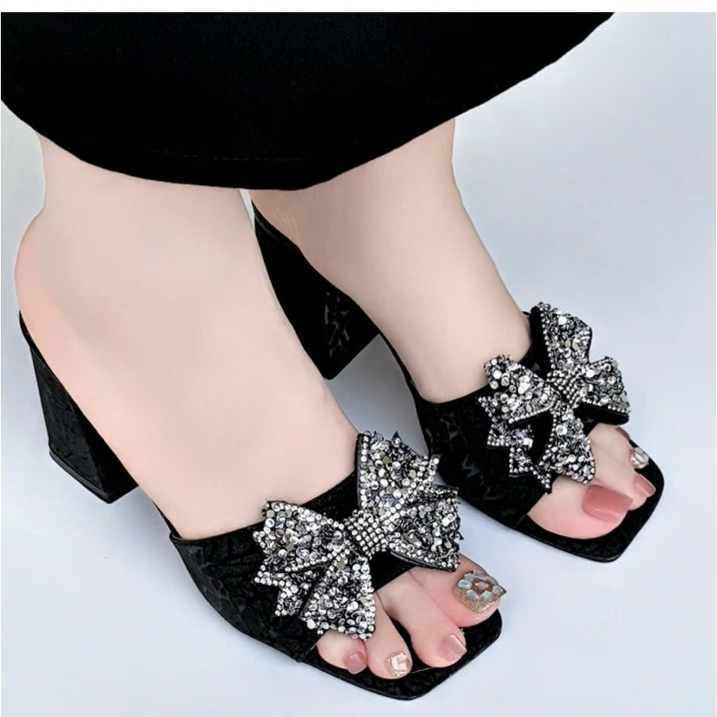 Guốc nơ kim tuyến sang chảnh, cao gót 3p 5p 7p dễ đi