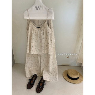 𝐏𝐡𝐢𝐞𝐧 𝐖𝐆𝐖𝐄 | (Sẵn) w9334 Set Bộ Be Chấm Bi 2 Dây Quần Suông Rộng