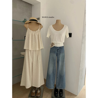 𝐏𝐡𝐢𝐞𝐧 𝐖𝐆𝐖𝐄 | (Sẵn) w9334 Set Bộ Be Chấm Bi 2 Dây Quần Suông Rộng
