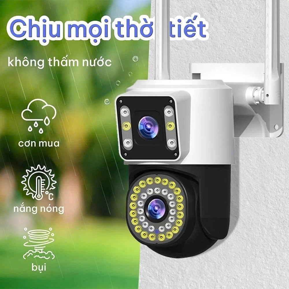 Camera WiFi Ngoài Trời 2 Ống Kính 2 Màn Hình – Xoay 360° – 36 Đèn LED Hồng Ngoại – Quan Sát Ban Đêm