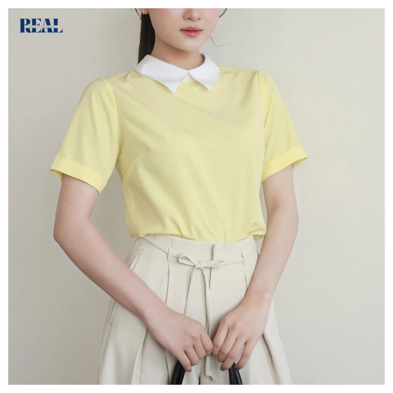 Sơ mi tay ngắn phối cổ hàng nút phía sau Hailey vàng REAL CLOTHES, vải Kate Ý thoáng mát, ít nhăn