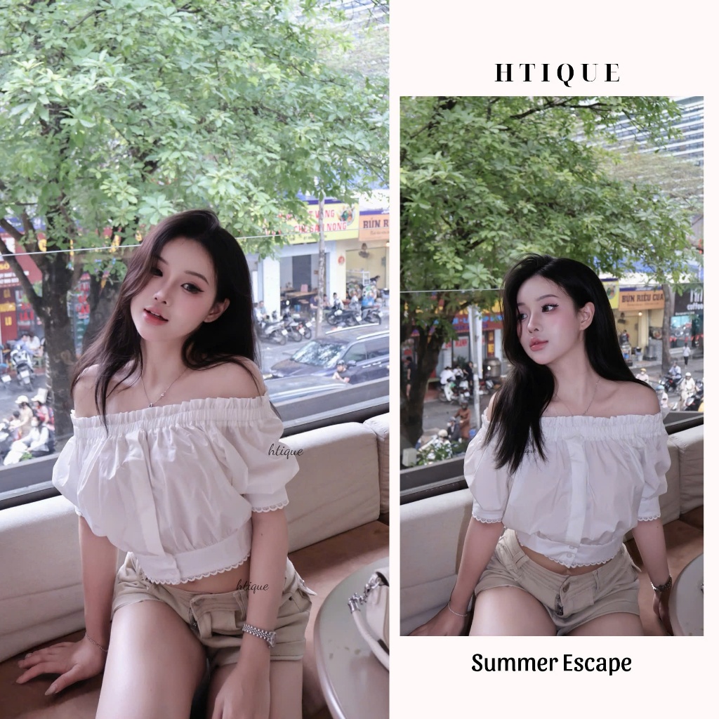 HTIQUE - Mở bán Áo Trễ Vai Tay Phồng Nữ Dáng Croptop Bo Eo, Áo kiểu nữ trễ vai basic dễ phối cùng sooc jeans AT10