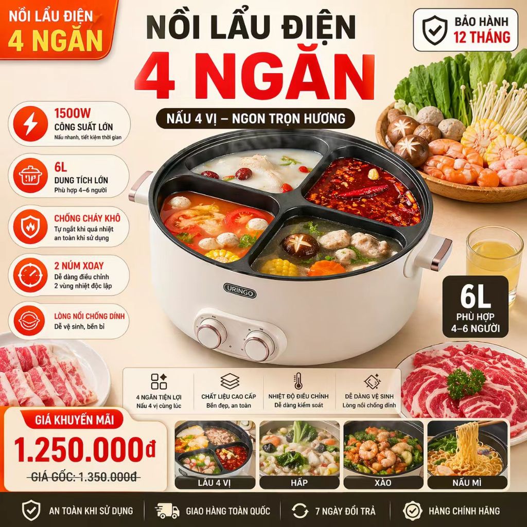 Nồi lẩu điện -bốn ngăn đa chức năng gia đình6Nồi điện tích hợp dung tích lớn 1500W