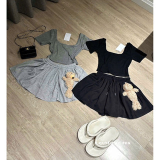 SET ÁO CỔ VUÔNG MIX CHÂN VÁY XOÈ CÀI GẤU HOT HIT