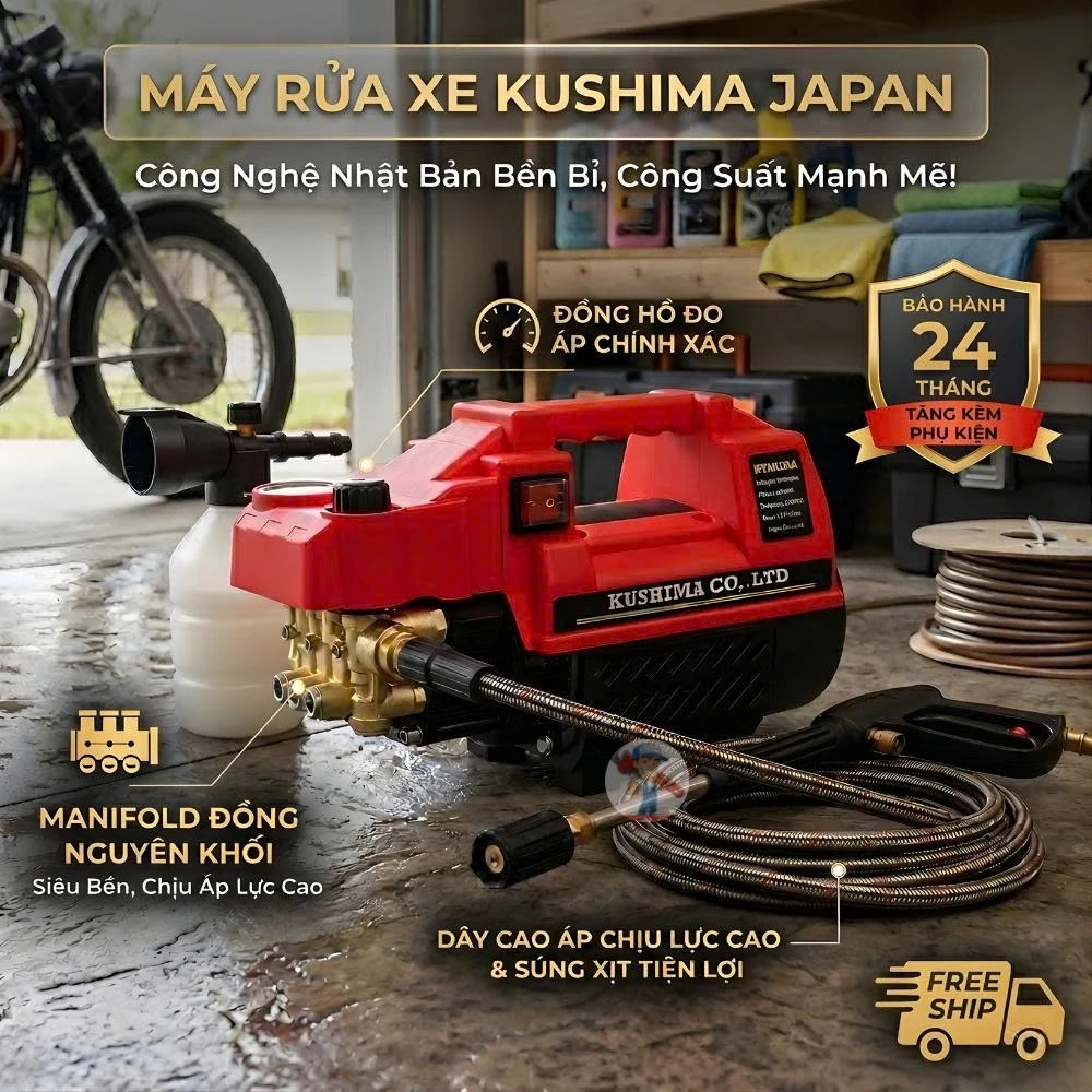 Máy rửa xe áp lực cao KUSHIMA AM39 - Công suất lớn, JP Technology, Tặng kèm bộ phụ kiện