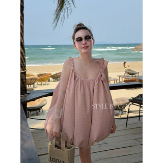 Váy 2s Tết Dây Nơ Vai Dáng Bí Hồng Nâu Be Tiểu Thư Genstyle
