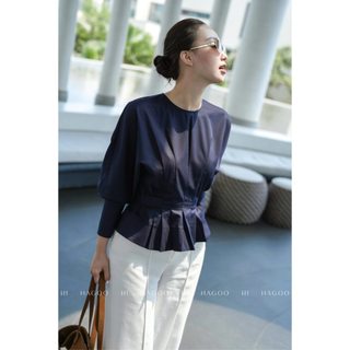Sơ mi nữ cổ tròn dáng ngắn HAGOO xếp ly đai eo phong cách trẻ trung công sở thanh lịch [A8117]