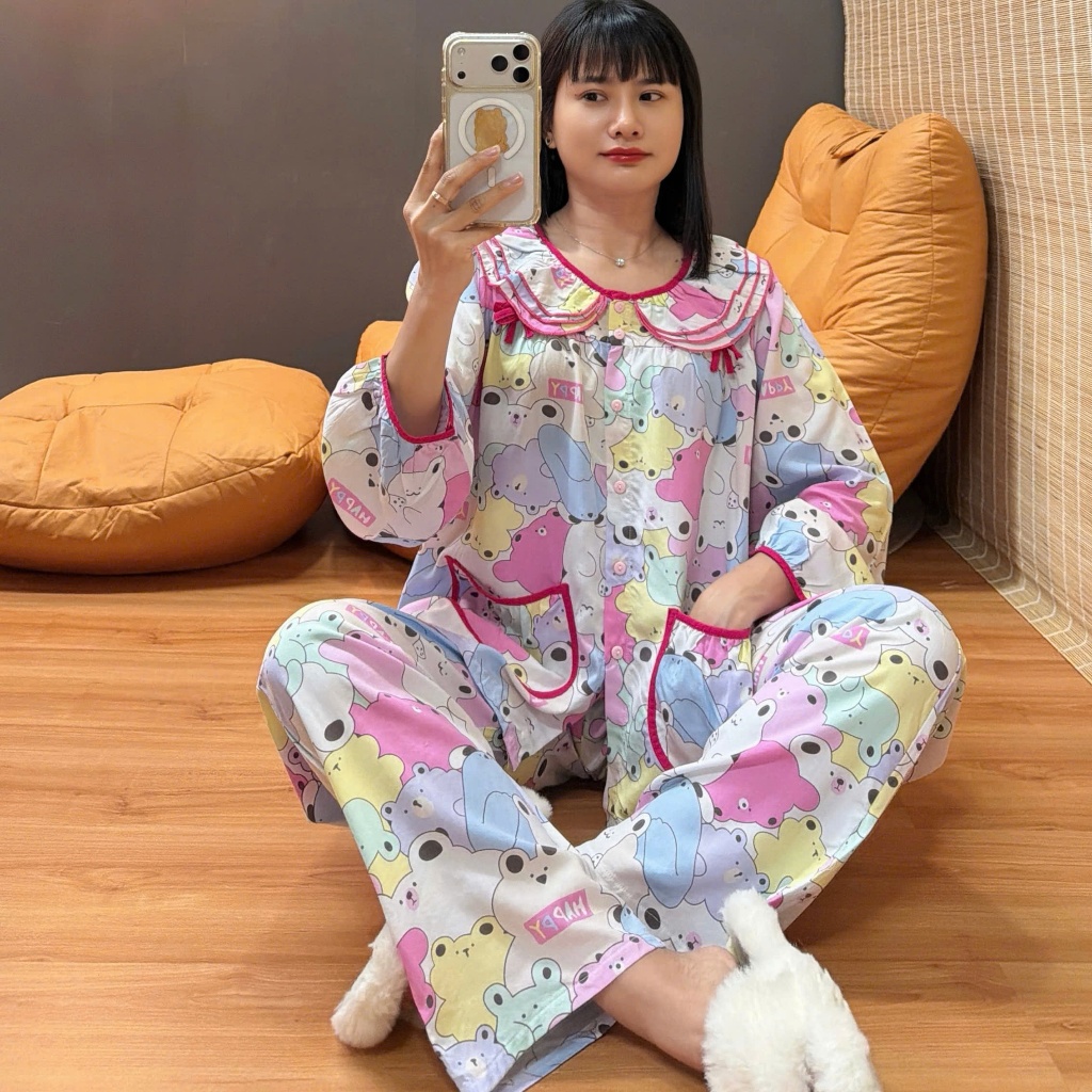 Bộ tole lanh dài cổ 3 tầng, PHOM RỘNG, hàng may kỹ 43-90kg - Nocnhamacdobo