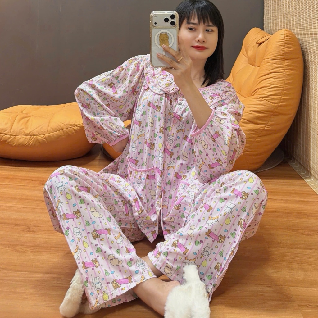 Bộ tole lanh dài cổ 3 tầng, PHOM RỘNG, hàng may kỹ 43-90kg - Nocnhamacdobo