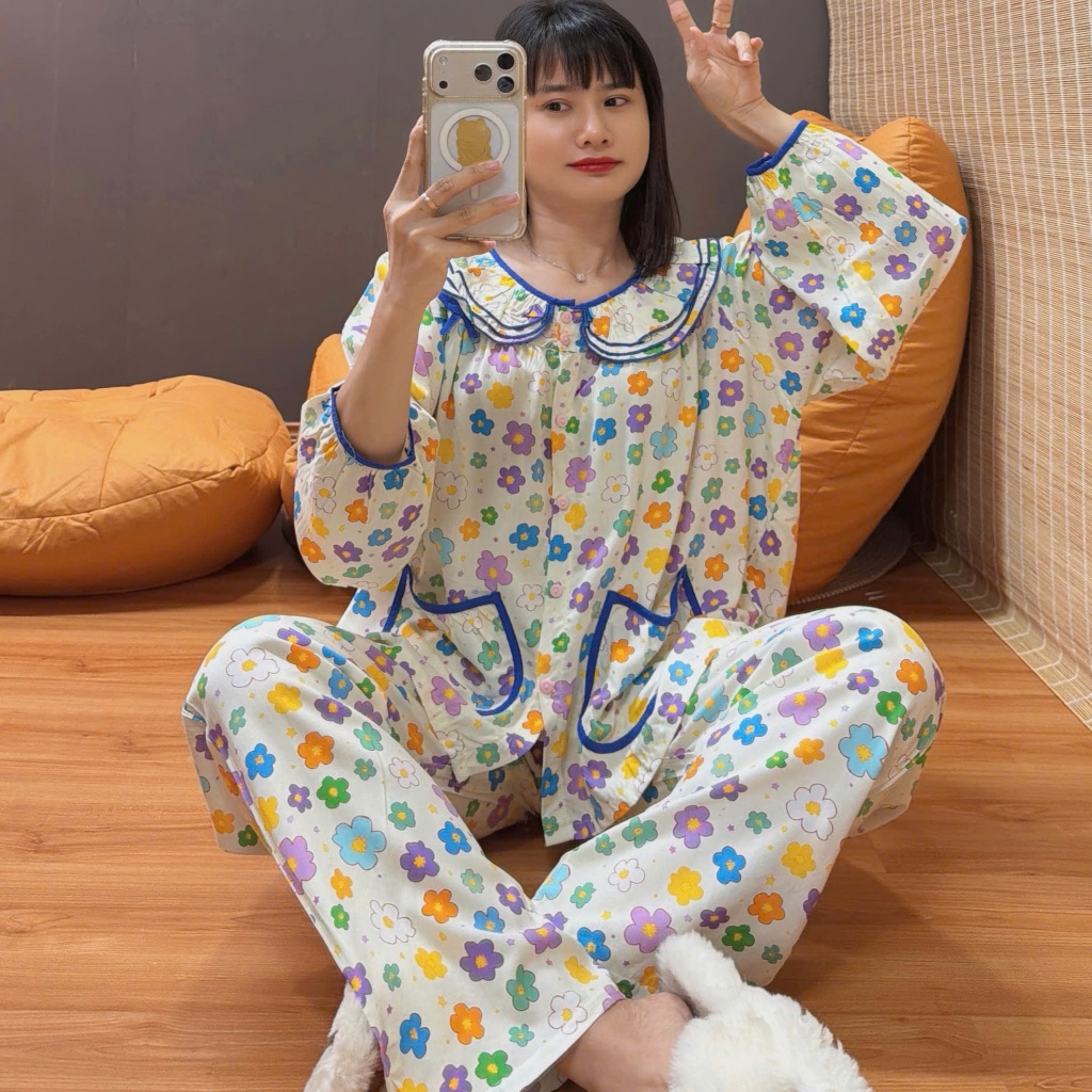 Bộ tole lanh dài cổ 3 tầng, PHOM RỘNG, hàng may kỹ 43-90kg - Nocnhamacdobo