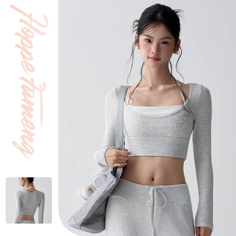 【Hoppe Fumeng】Áo Thể Thao Nữ Dài Tay Thoáng Mát Chống Trượt Lót Ngực Cho Tập Gym Yoga