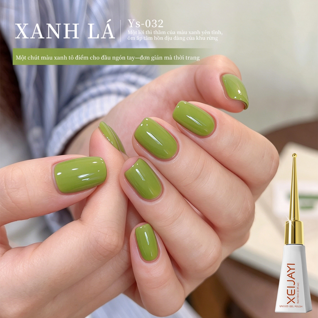 XEIJAYI 10ml - Sơn móng tay dạng gel màu xanh lá nhạt, màu sắc bền lâu, phù hợp cho mọi mùa.