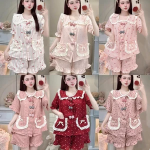 Bộ Đồ Ngủ Nữ JUSOKA Pijama Chất Liệu Đũi Vân Mây Cổ Sen Viền Bèo Đính Nơ Siêu Mềm Mịn DU38