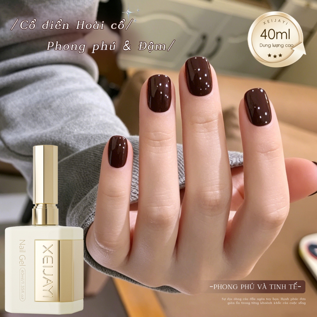 XEIJAYI 40ml - Sơn móng tay dạng gel màu nâu đậm, bền màu và thích hợp sử dụng tại salon.