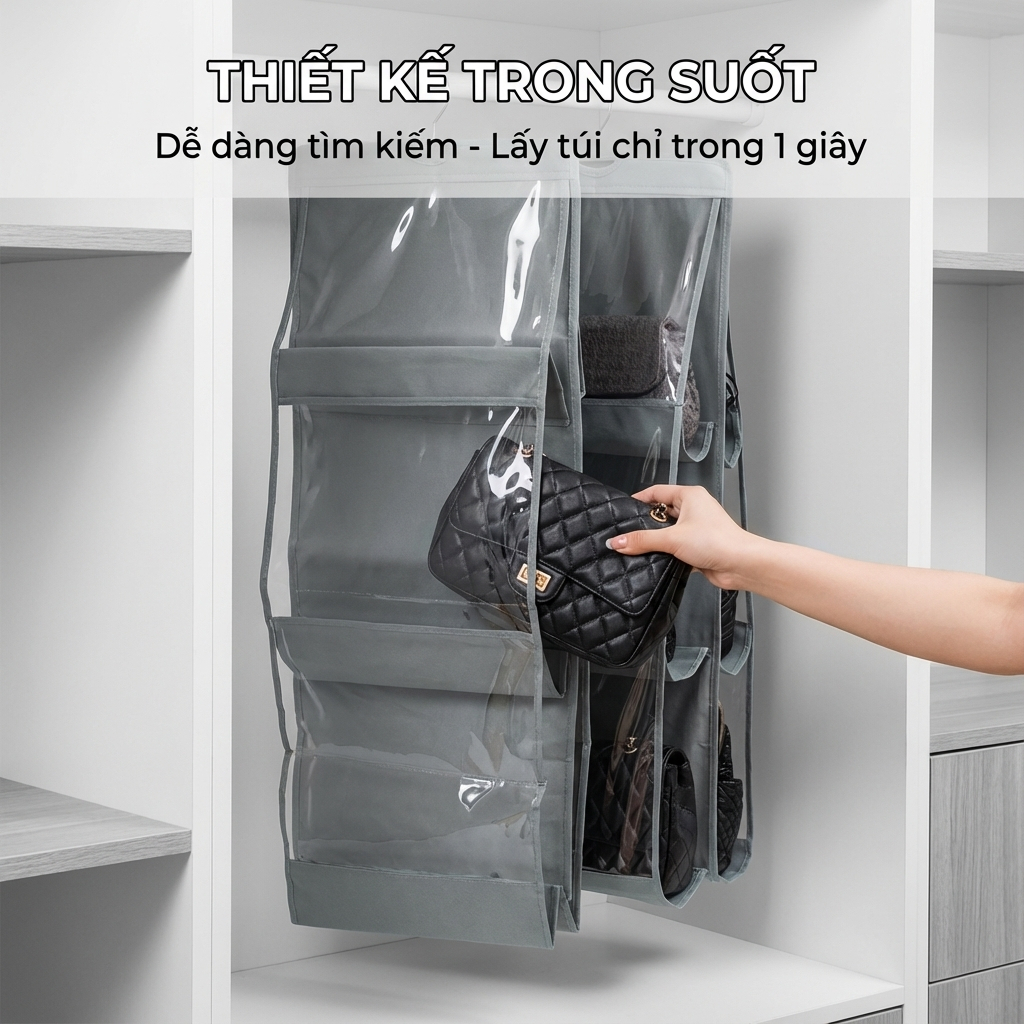 Túi Treo Giỏ Xách Đựng Đồ Chống Bụi Bẩn Treo Tủ Quần Áo, Túi Đựng Túi Xách Bóp Túi Ví 6 Ngăn
