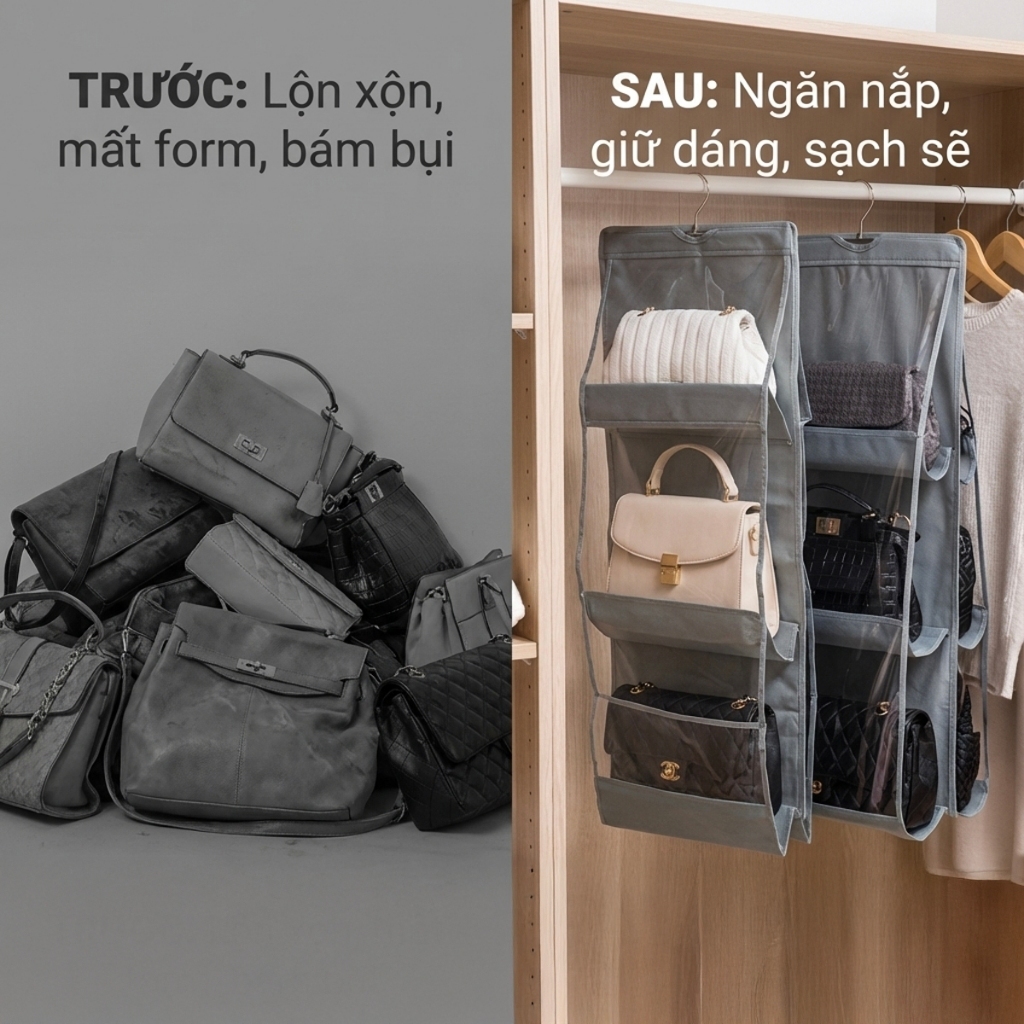 Túi Treo Giỏ Xách Đựng Đồ Chống Bụi Bẩn Treo Tủ Quần Áo, Túi Đựng Túi Xách Bóp Túi Ví 6 Ngăn