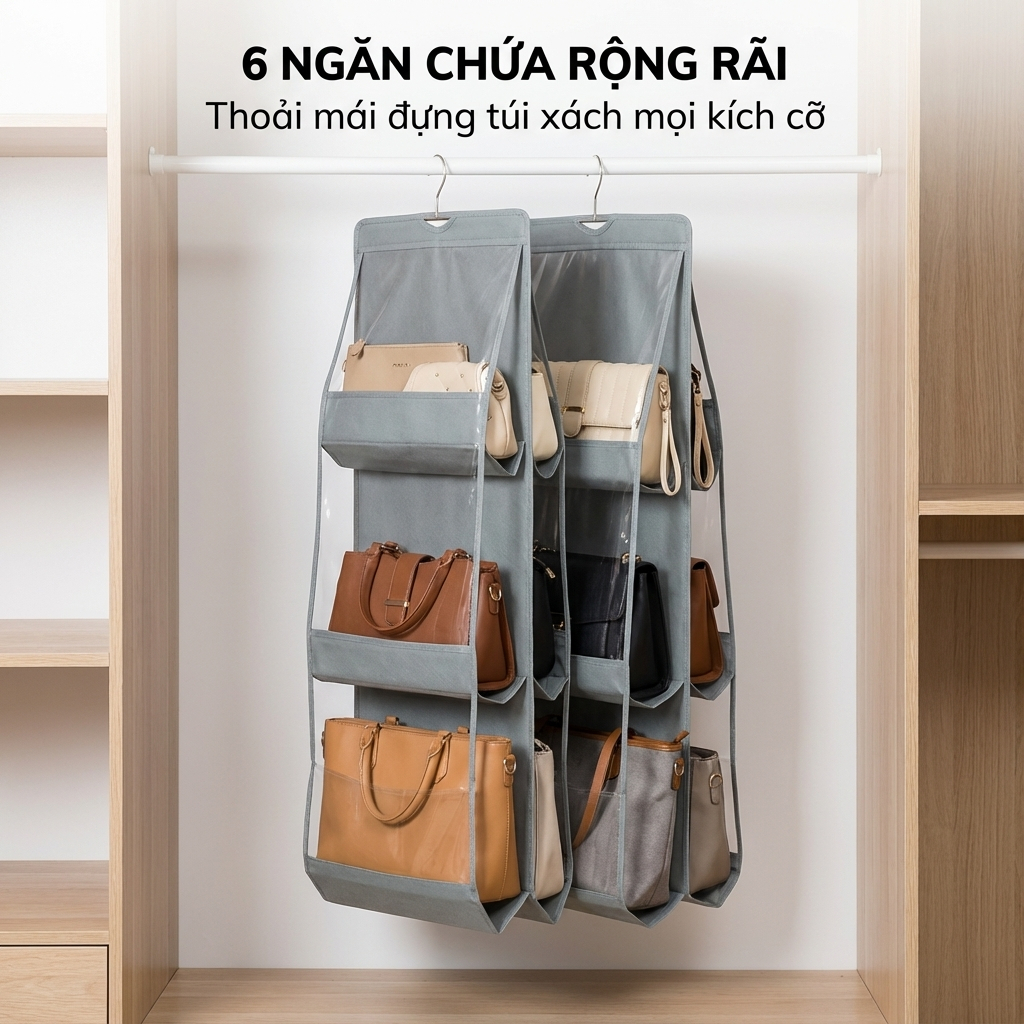 Túi Treo Giỏ Xách Đựng Đồ Chống Bụi Bẩn Treo Tủ Quần Áo, Túi Đựng Túi Xách Bóp Túi Ví 6 Ngăn